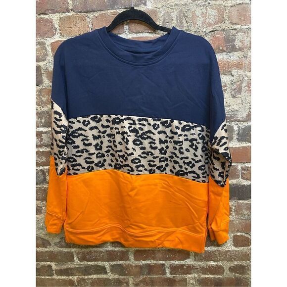 Colorful Orange/Blue/Leopard Print Color Block Striped Pullover Sweatshirt Women - Picture 1 of 8